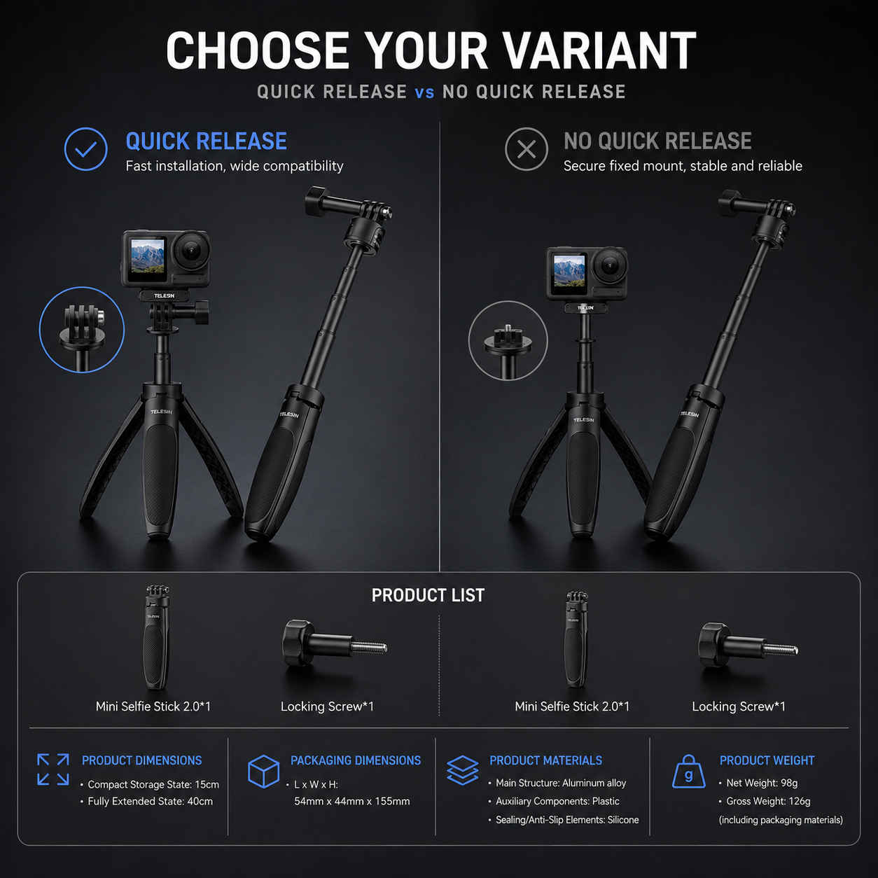 Telesin Mini Tripod Stick (GoPro / DJI Osmo Action / Insta360)