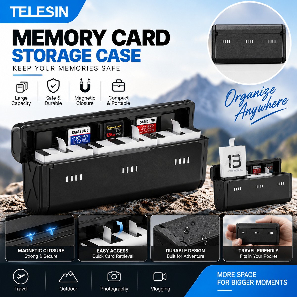 TELESIN Pocket Charger For GoPro Hero 13 TF Card Storage 3 Slots Battery Fast Charging Box for GoPro Hero 13 Battery Charger