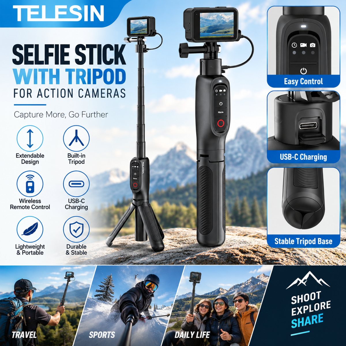 TELESIN 5000Mha Power Bank 360° Rotation Charging Selfie Stick Remote Control Tripod For Gopro Hero 13 12 11 10 9 MAX