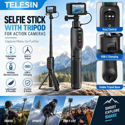 TELESIN 5000Mha Power Bank 360° Rotation Charging Selfie Stick Remote Control Tripod For Gopro Hero 13 12 11 10 9 MAX
